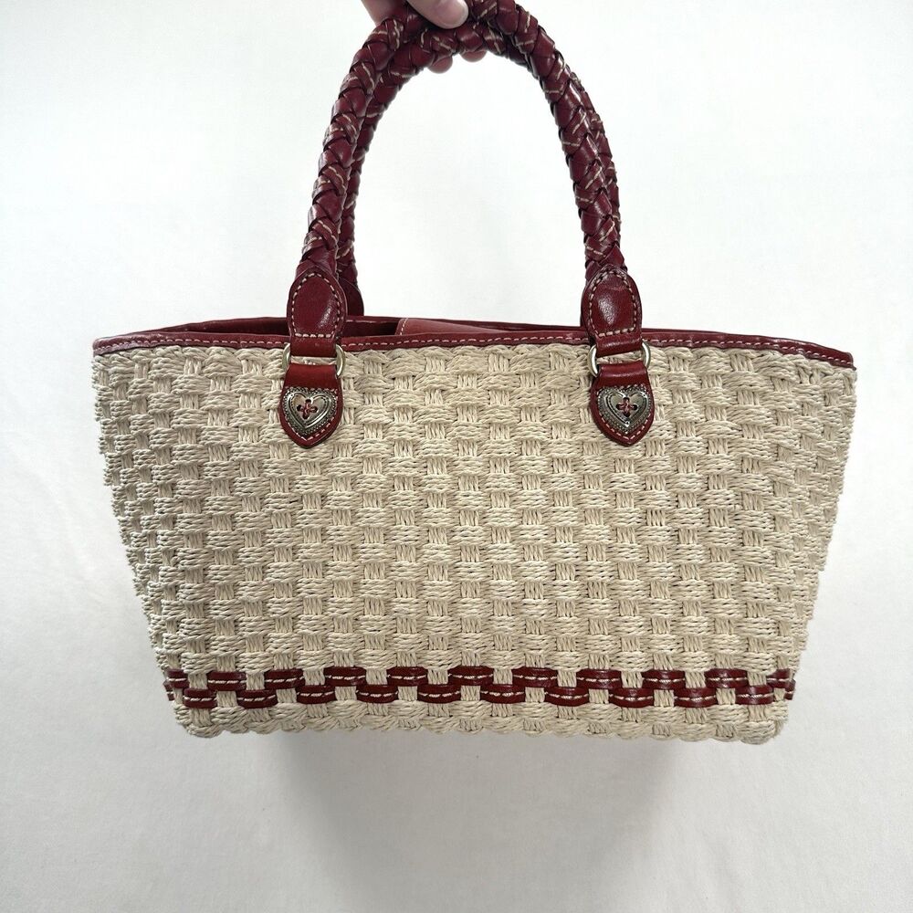 Brighton Peggy Woven Purse Handbag Summer Tote Leather Jute Red Ivory Beach